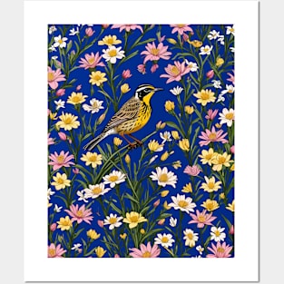 Western Meadowlark Surrounded By Bitterroot Flowers Posters and Art